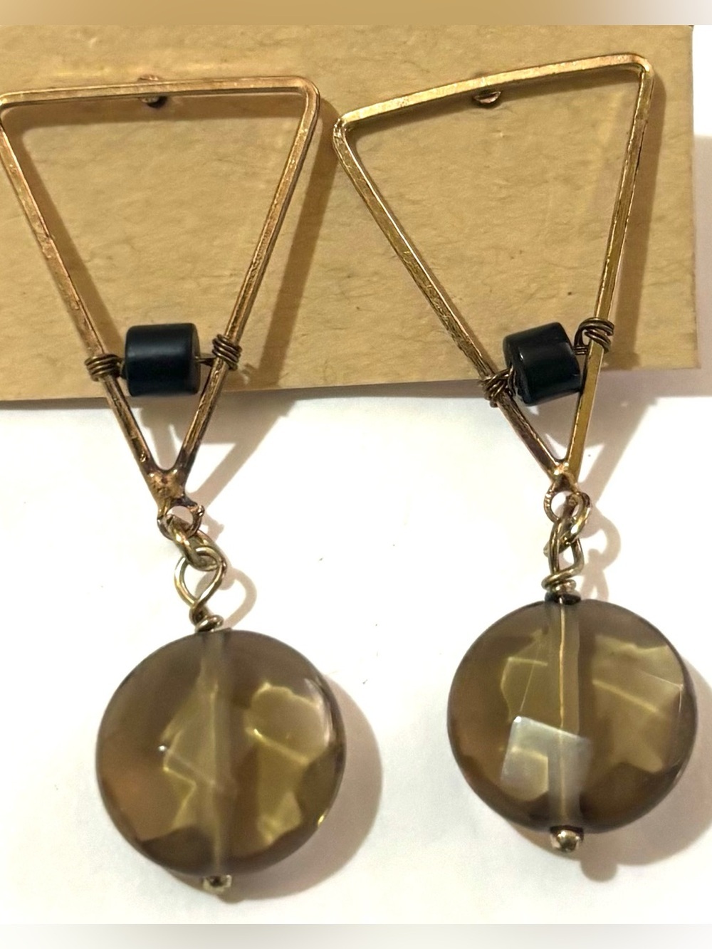 Gold-Tone Triangle Drop Earrings with Smoky Brown Discs
